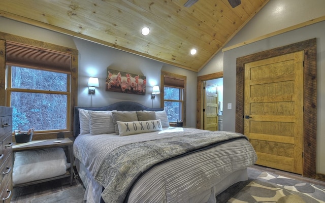 bedroom with wood ceiling, lofted ceiling, and recessed lighting