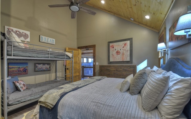 bedroom with recessed lighting, high vaulted ceiling, and wooden ceiling
