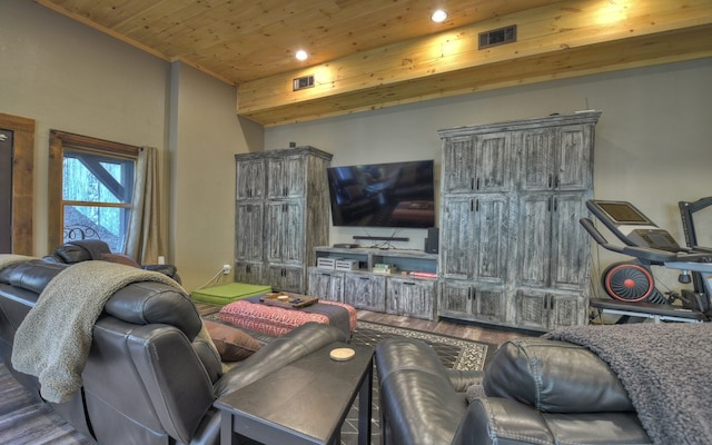 living area featuring visible vents, wooden ceiling, wood finished floors, and recessed lighting