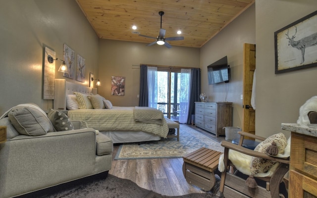 bedroom with recessed lighting, wood finished floors, and wood ceiling