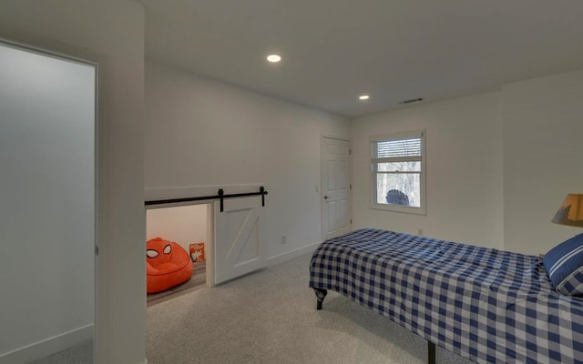 bedroom with recessed lighting, baseboards, visible vents, and carpet flooring