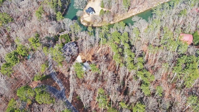 drone / aerial view featuring a water view and a wooded view