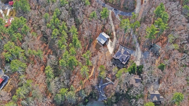 birds eye view of property with a forest view