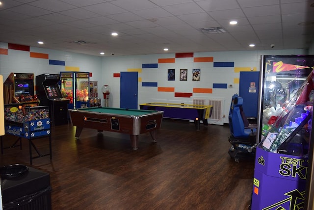 recreation room featuring pool table, a paneled ceiling, wood finished floors, and visible vents