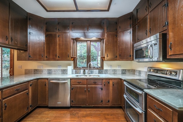 kitchen with stainless steel appliances, a sink, dark wood finished floors, and healthy amount of natural light