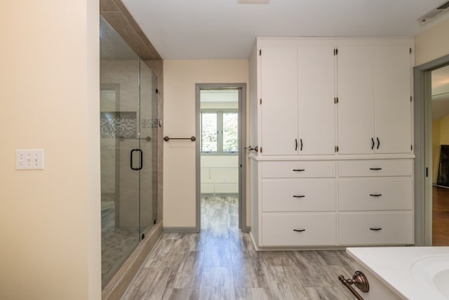 full bathroom featuring a shower stall and vanity