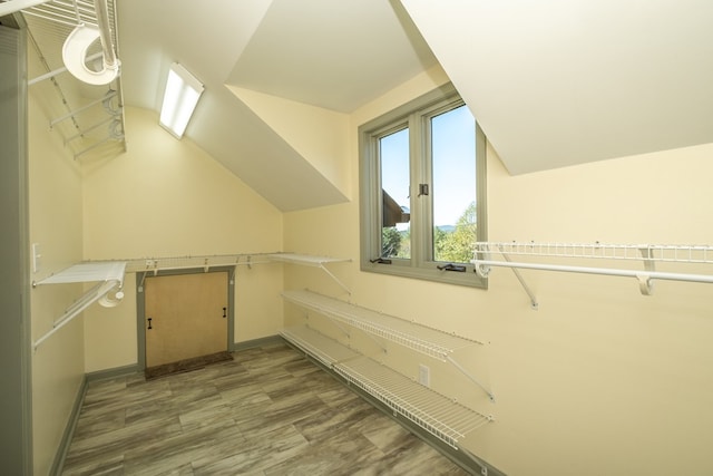 spacious closet featuring vaulted ceiling and wood finished floors