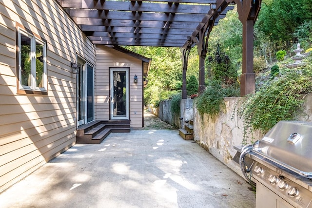 view of patio with grilling area, entry steps, and a pergola