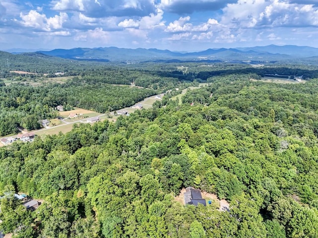 bird's eye view featuring a mountain view and a wooded view