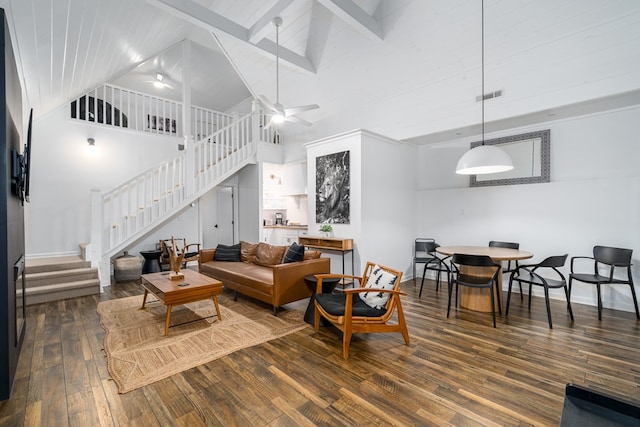 living room featuring beamed ceiling, high vaulted ceiling, dark hardwood / wood-style floors, and ceiling fan