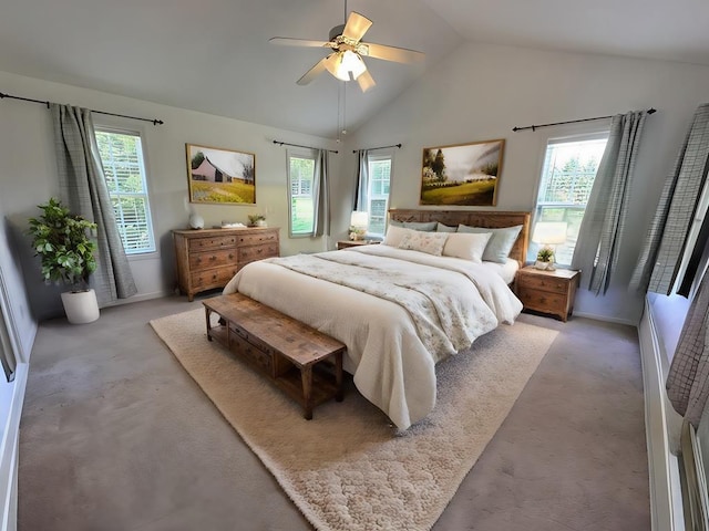 3273 Ivy Log Rd, Blairsville, GA 30512 - bedroom with light colored carpet, vaulted ceiling, multiple windows, and ceiling fan
