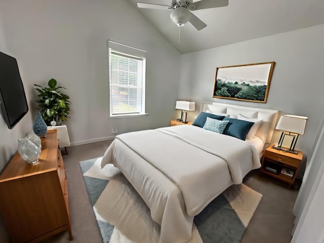 3273 Ivy Log Rd, Blairsville, GA 30512 - carpeted bedroom featuring vaulted ceiling, baseboards, and a ceiling fan