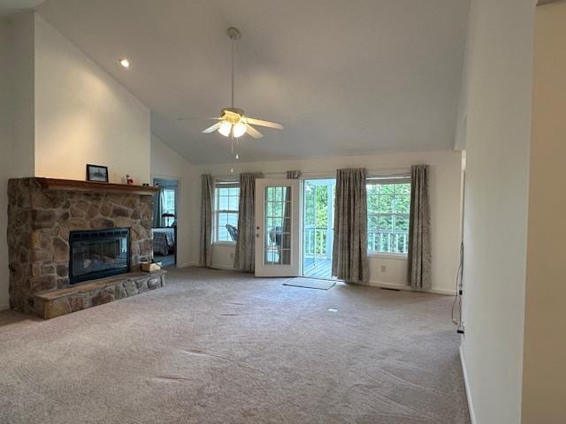 3273 Ivy Log Rd, Blairsville, GA 30512 - unfurnished living room with carpet, ceiling fan, a fireplace, recessed lighting, and baseboards