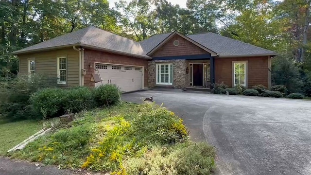 10 Quiet Place Ln, Clayton, GA 30525 - ranch-style house with driveway, an attached garage, a shingled roof, and stone siding