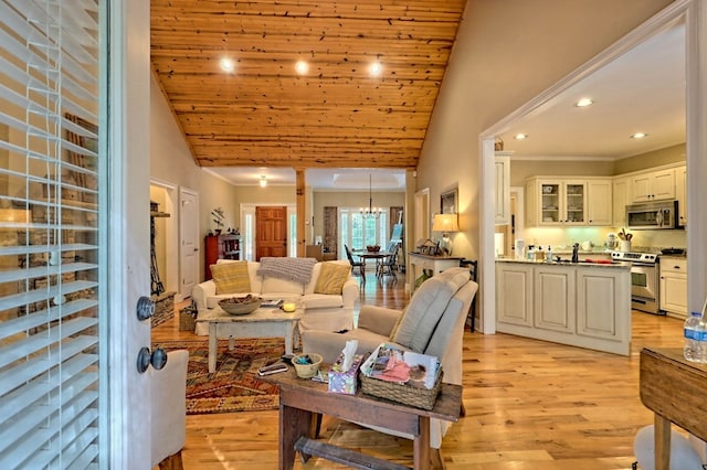 living room featuring light hardwood / wood-style floors, a chandelier, high vaulted ceiling, and wooden ceiling