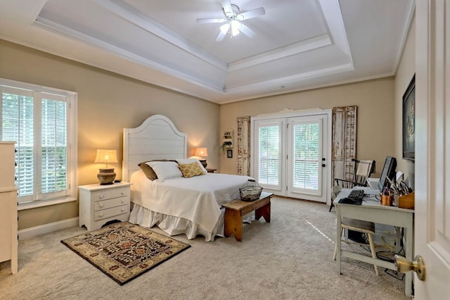 carpeted bedroom with crown molding, a raised ceiling, access to outside, and ceiling fan