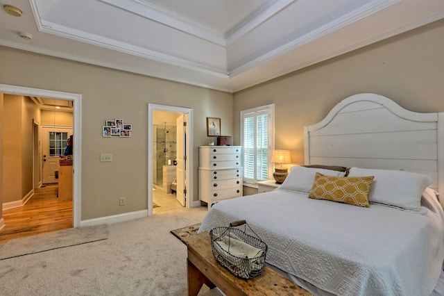10 Quiet Place Ln, Clayton, GA 30525 - carpeted bedroom with attic access, crown molding, a tray ceiling, baseboards, and connected bathroom