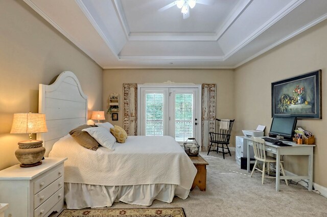 10 Quiet Place Ln, Clayton, GA 30525 - bedroom featuring a raised ceiling, access to outside, light colored carpet, ornamental molding, and ceiling fan