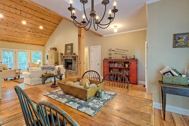 dining room featuring a chandelier, high vaulted ceiling, wooden ceiling, light wood-type flooring, and ornamental molding