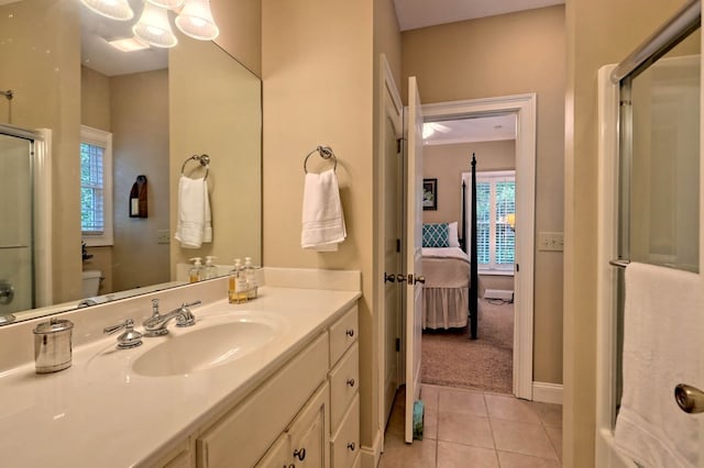 10 Quiet Place Ln, Clayton, GA 30525 - ensuite bathroom with a shower with shower door, toilet, tile patterned flooring, vanity, and plenty of natural light