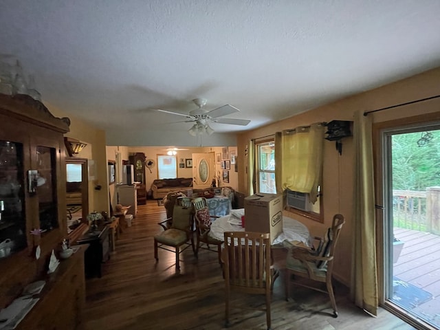 dining space with hardwood / wood-style floors, ceiling fan, and a healthy amount of sunlight