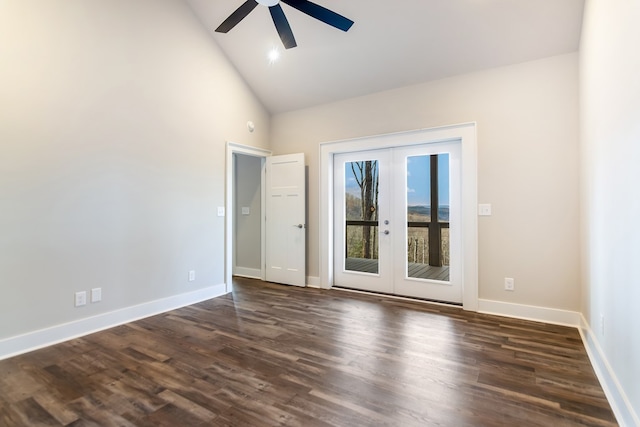 unfurnished room featuring french doors, ceiling fan, dark hardwood / wood-style flooring, and high vaulted ceiling