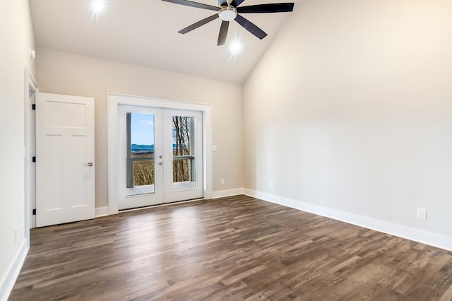 spare room with french doors, baseboards, ceiling fan, and dark wood-style flooring