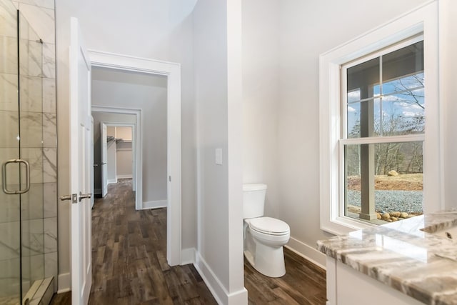 bathroom with vanity, wood-type flooring, toilet, and a shower with shower door