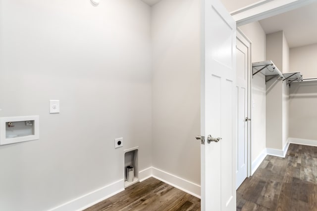 laundry room with laundry area, dark wood-style flooring, electric dryer hookup, and baseboards