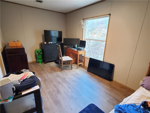 office featuring ornamental molding and light wood-type flooring