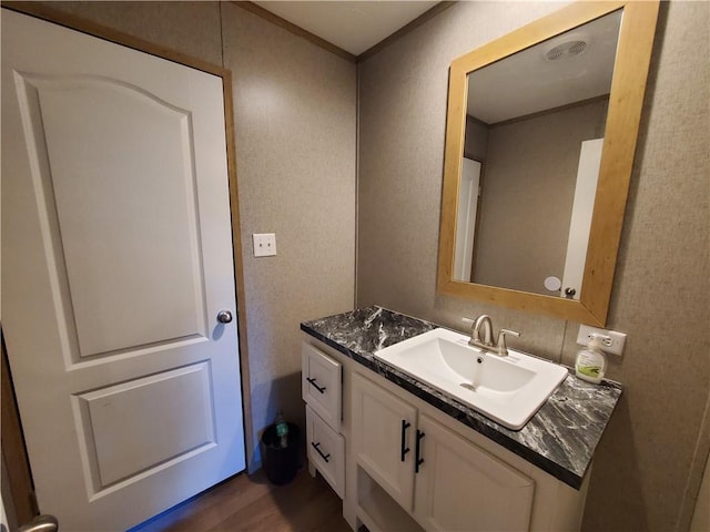 bathroom with vanity and wood-type flooring