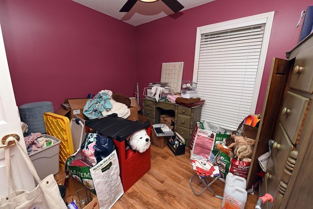 bedroom with ceiling fan, a textured ceiling, and light wood-type flooring