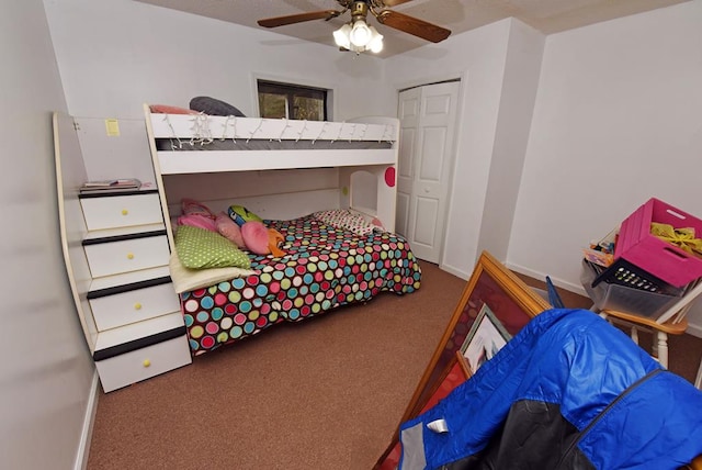 bedroom featuring a closet, carpet floors, and ceiling fan