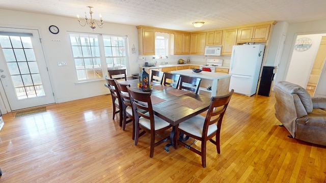 dining space with a notable chandelier and light hardwood / wood-style flooring