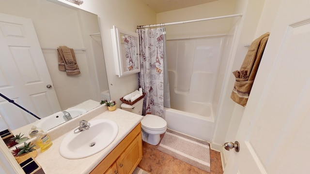 full bathroom with tile flooring, toilet, oversized vanity, and shower / tub combo with curtain