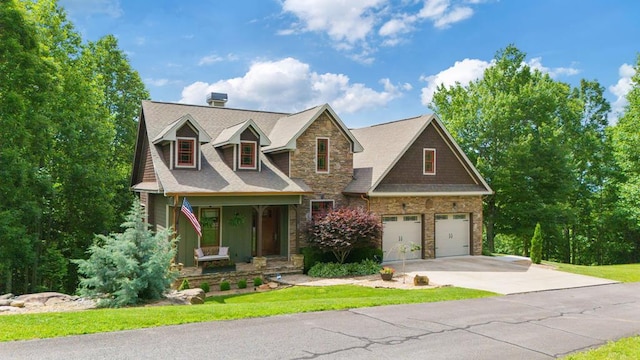 41 Elm Ct, Murphy, NC 28906 - view of front of property with stone siding, concrete driveway, a porch, an attached garage, and a chimney
