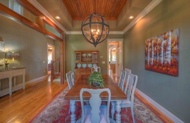 41 Elm Ct, Murphy, NC 28906 - dining space featuring a raised ceiling, crown molding, light wood-style floors, wood ceiling, and a chandelier