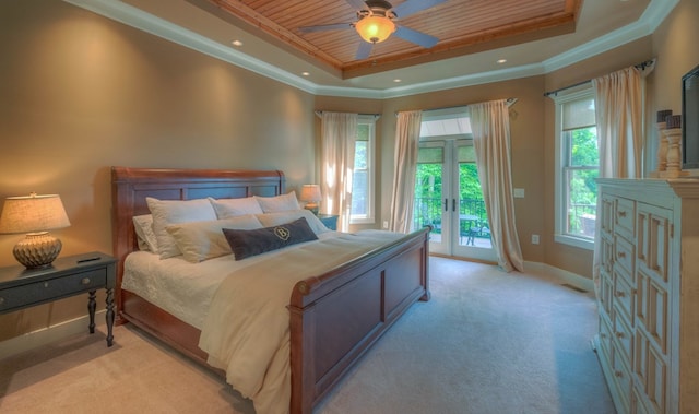 41 Elm Ct, Murphy, NC 28906 - bedroom with a tray ceiling, access to outside, light carpet, wooden ceiling, and crown molding