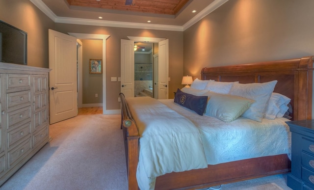 41 Elm Ct, Murphy, NC 28906 - bedroom with a raised ceiling, ornamental molding, light carpet, recessed lighting, and ensuite bath