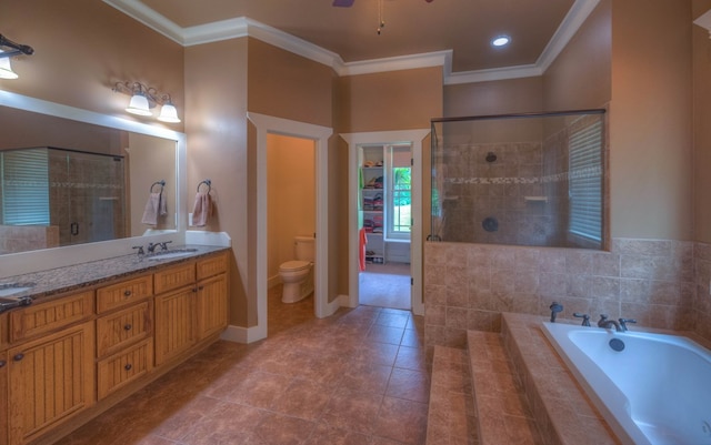 41 Elm Ct, Murphy, NC 28906 - bathroom featuring a bath, tiled shower, ornamental molding, vanity, and tile patterned flooring