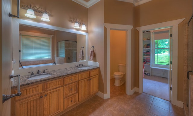 41 Elm Ct, Murphy, NC 28906 - full bathroom featuring crown molding, double vanity, tile patterned flooring, and a bath