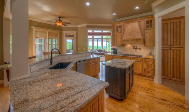 41 Elm Ct, Murphy, NC 28906 - kitchen with premium range hood, stainless steel dishwasher, gas cooktop, a kitchen island with sink, and ceiling fan