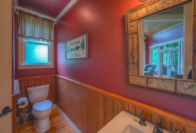 41 Elm Ct, Murphy, NC 28906 - bathroom featuring wainscoting, plenty of natural light, crown molding, wood walls, and wood finished floors