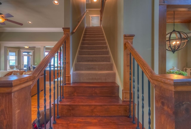 41 Elm Ct, Murphy, NC 28906 - stairs with crown molding, wood finished floors, ceiling fan, a chandelier, and recessed lighting