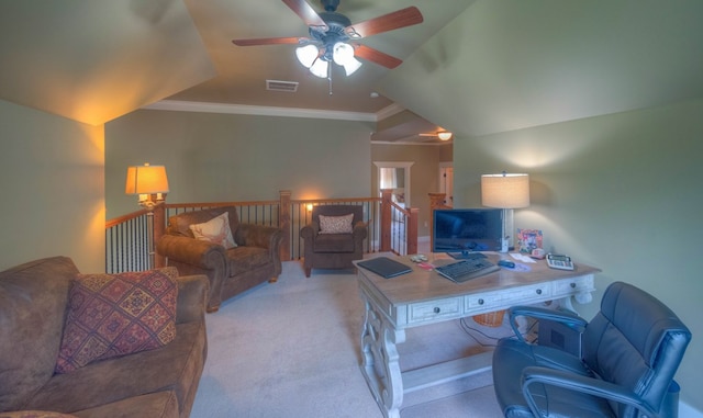 41 Elm Ct, Murphy, NC 28906 - carpeted home office featuring ceiling fan, ornamental molding, and lofted ceiling