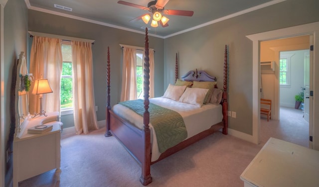 41 Elm Ct, Murphy, NC 28906 - bedroom with light colored carpet, multiple windows, crown molding, and a ceiling fan