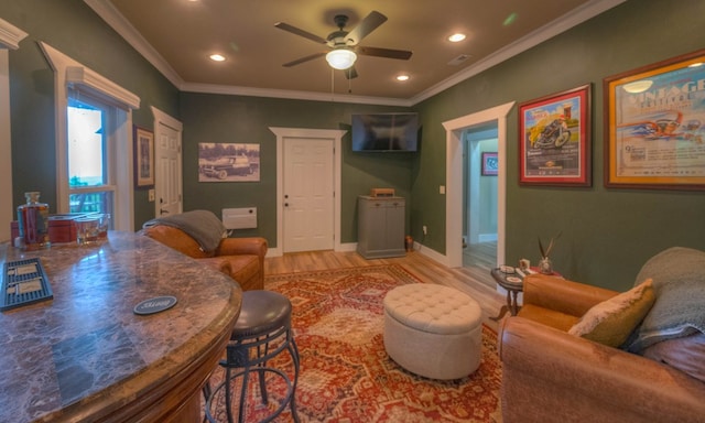 41 Elm Ct, Murphy, NC 28906 - living area featuring a ceiling fan, light wood-style floors, recessed lighting, and crown molding
