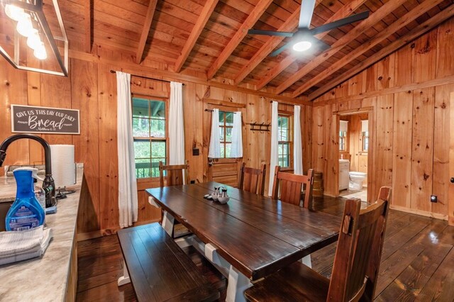 318 Buck Ridge Rd, Suches, GA 30572 - dining space with lofted ceiling with beams, wood walls, and dark wood-style flooring
