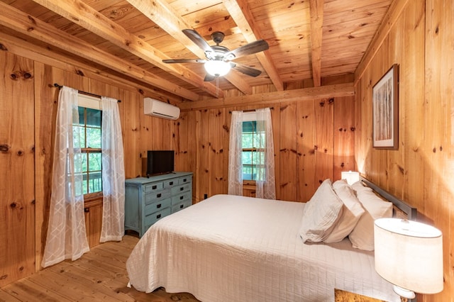 318 Buck Ridge Rd, Suches, GA 30572 - bedroom featuring beam ceiling, wooden walls, wooden ceiling, and a wall unit AC