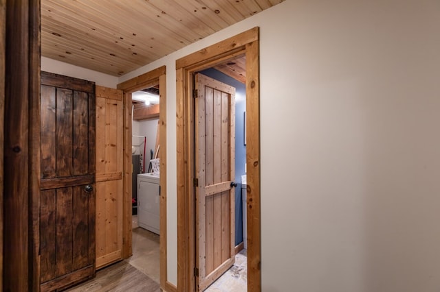 318 Buck Ridge Rd, Suches, GA 30572 - hall featuring wood ceiling and washer / clothes dryer